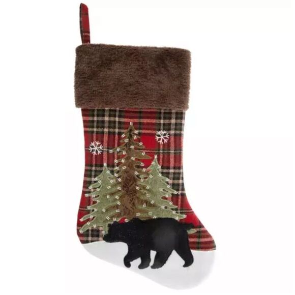 Set of Two Plaid Christmas Stocking with Bear and Tree Design - Picture 1 of 3